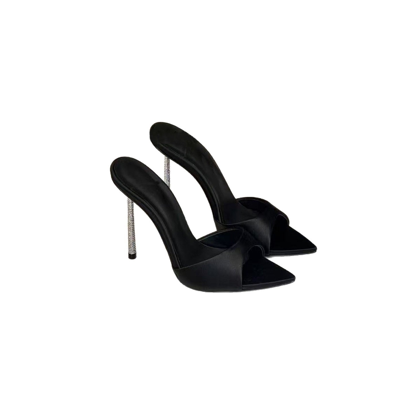 High-end black satin pointed-toe sandals with rhinestone stiletto heels for women, perfect for wearing as outerwear.