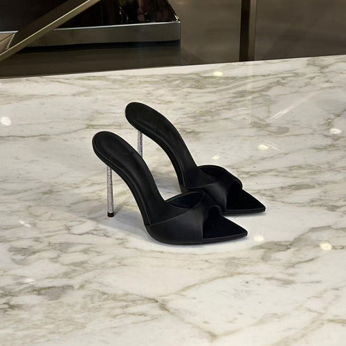 High-end black satin pointed-toe sandals with rhinestone stiletto heels for women, perfect for wearing as outerwear.