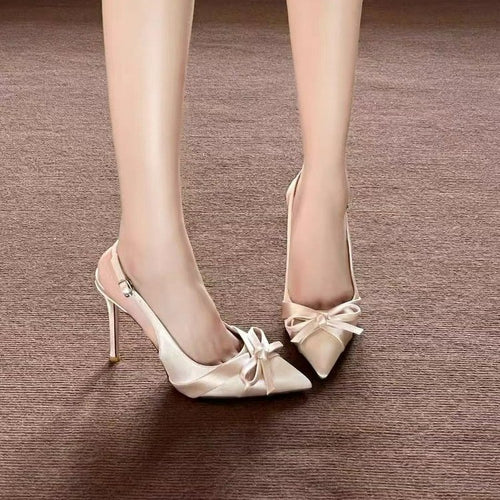 Fairy-style pointed-toe stiletto sandals with bows, champagne-colored satin backless shoes